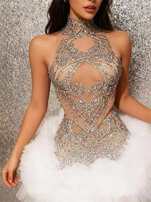 STOCK Diamonds Mesh Sexy See Through Cocktail Mini Dress Women Eveing Luxury Birthday Party Singer Nightclub Show Stage Costume