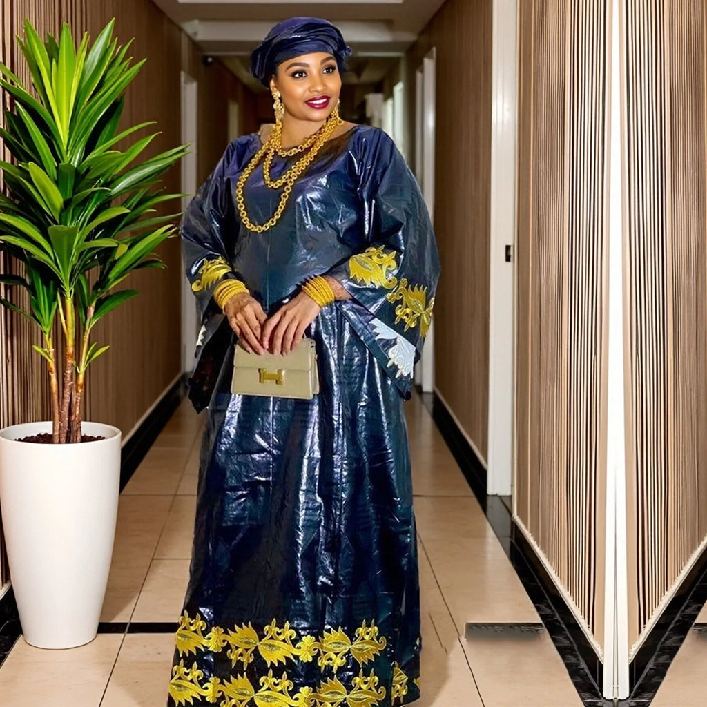 African Dashiki Dress For Woman Bazin Riche Embroidery Deisgn Long Dress With Scarf
