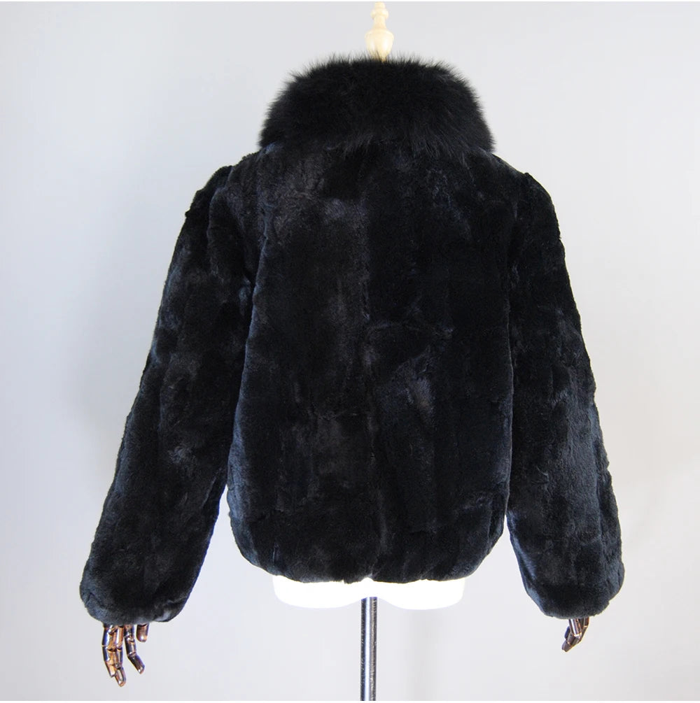 New Luxury Lady 100% Natural Rex Rabbit Fur Coat Women Winter Thick Warm Real Rex Rabbit Fur Jacket With Quality Fox Fur Collar