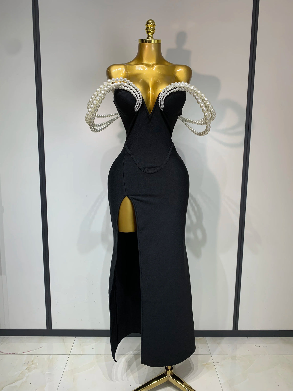 Women Luxury Designer Pearls V Neck Maxi Long Bandage Bodycon Dress Celebrity Evening Party Birthday Gowns Singer Stage Costumes