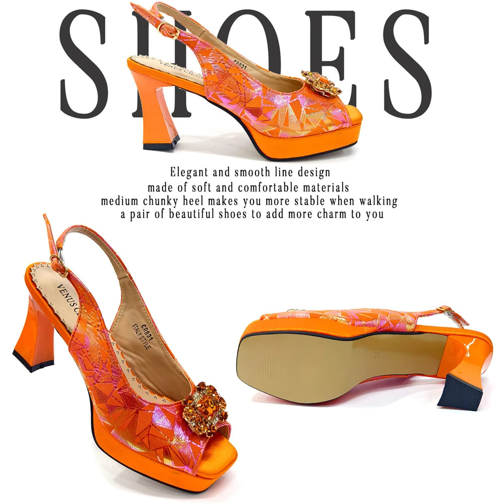 Venus Chan 2025 INS Orange Color Elegant Women Shoes and Bag Set Decoration Rhinestones Square Head Women High Heels Shoes