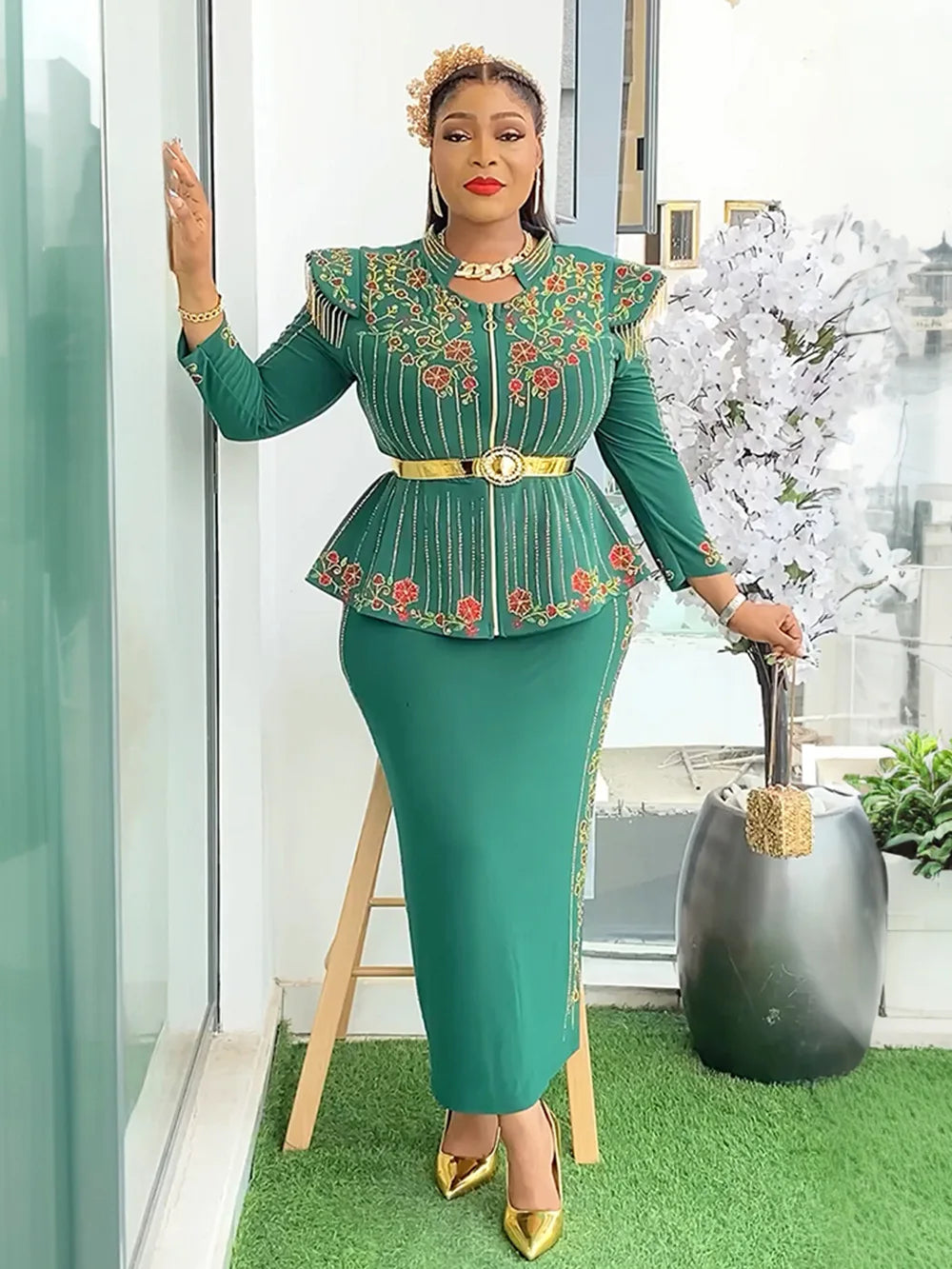 2025 Spring African Clothes for Women 2 PCS Sets Tops and Skirts Suit Dashiki Ankara Outfit Robe Plus Size Wedding Party Dresses