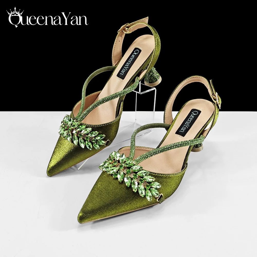 QueenaYan 2026 New Shiny Italian Fashion Pointed Toe Women Heel Fashion Rhinestone Decoration Pink Color Shoes And Bag Set