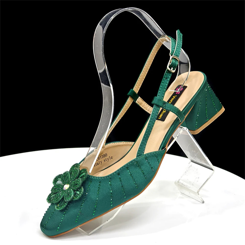 2026 New Elegant Italian Women's Black Heels with Rhinestones and Floral Accents & Matching Clutch Bag Set – Ideal for Parties