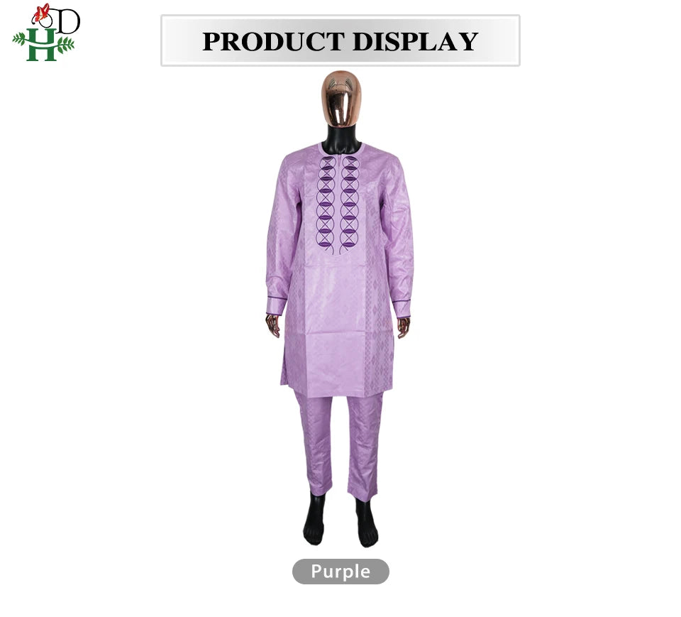 H&D African Clothing For Man Traditional Agbada Sets 2PCS Purple Bazin Riche Shirt Pant Embroidery Wedding Party Suits Plus Size