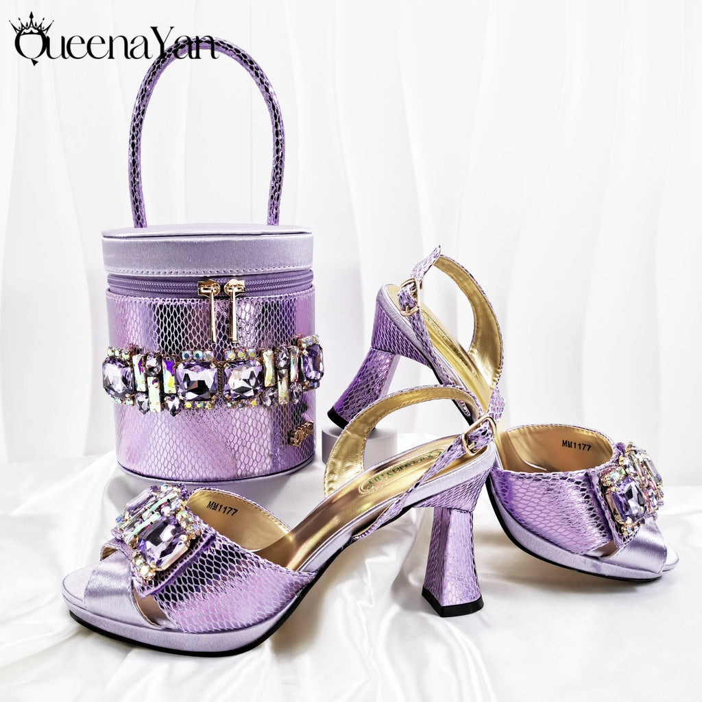 Queena Yan Italian Design African Women's High Heel Party Shoes and Bag Set Elegant Nigerian Handbag Open Shoes for Occasions