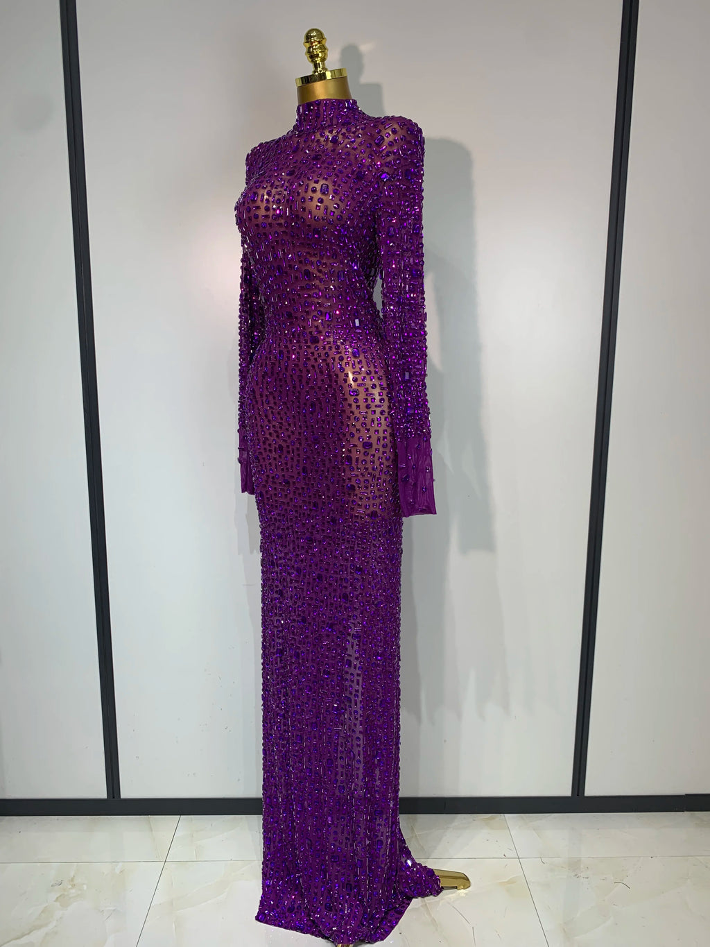 Sparkly Luxury Rhinstones Long Sleeve Elegant Party Dress Women 2025 Performance Stage Outfit Evening Birthday Prom Gown