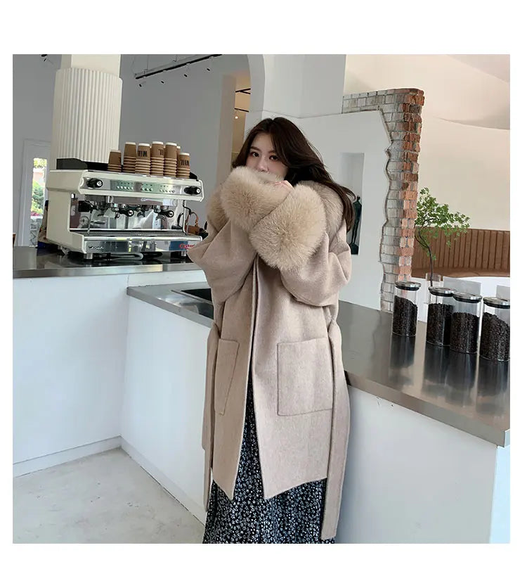 Faced Wool Ladies Winter Jacket Hooded coats Women Luxurious Real Fox Fur Coat Lose Clothing Cashmere Double
