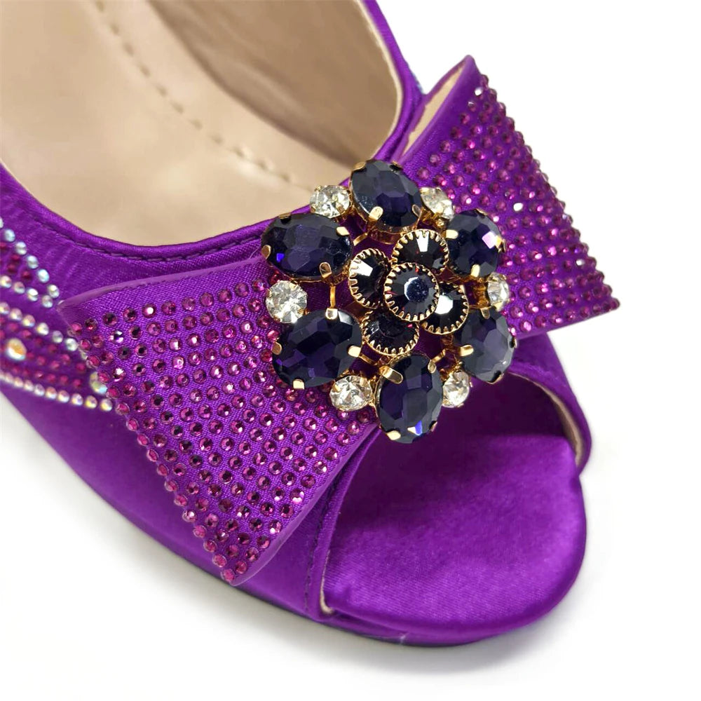 Venus Chan Italian Shoes and Bags Matching Set 2024 Peep Toe High Heels Peach Colour Bow Rhinestones Women Shoes for Party
