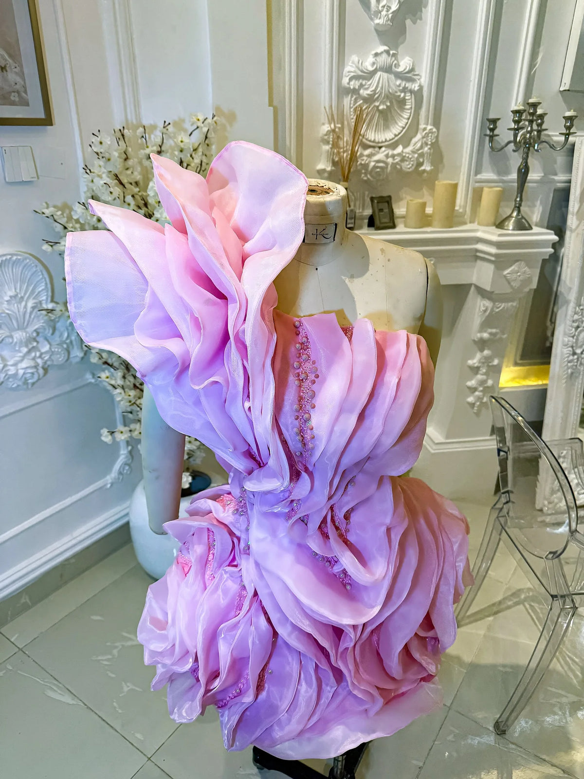 Asymmetric Mesh Ruffle Mini Cocktail Dress One Shoulder Chiffon Beaded Summer Party Dress Puffy Tiered Floral Short Prom Gowns