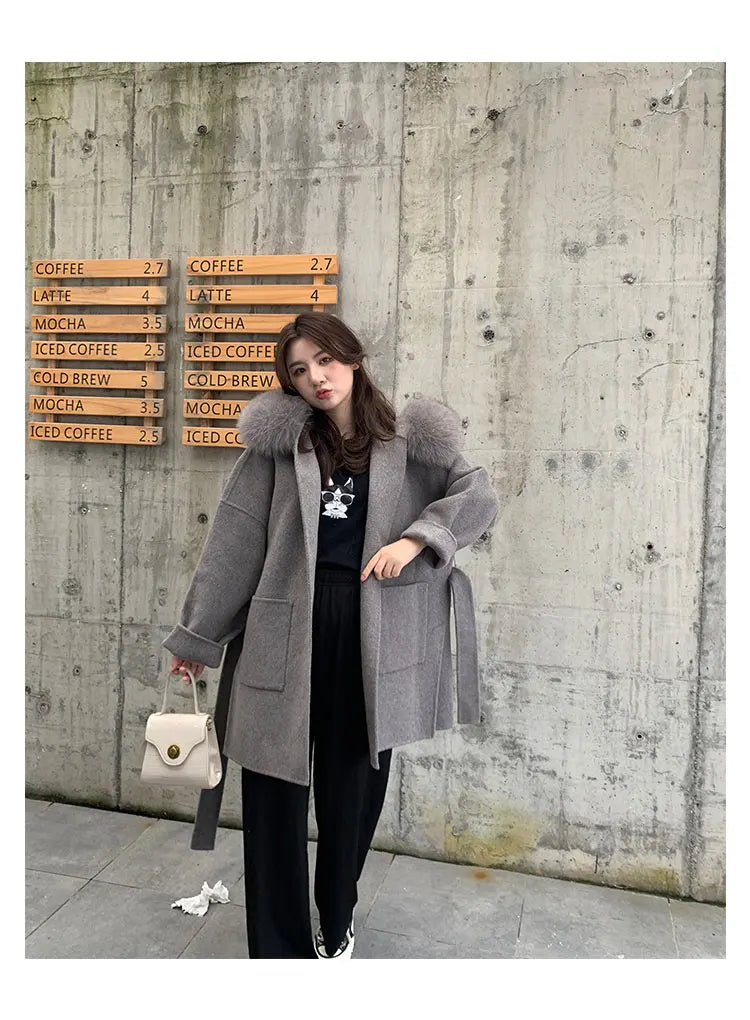Faced Wool Ladies Winter Jacket Hooded coats Women Luxurious Real Fox Fur Coat Lose Clothing Cashmere Double