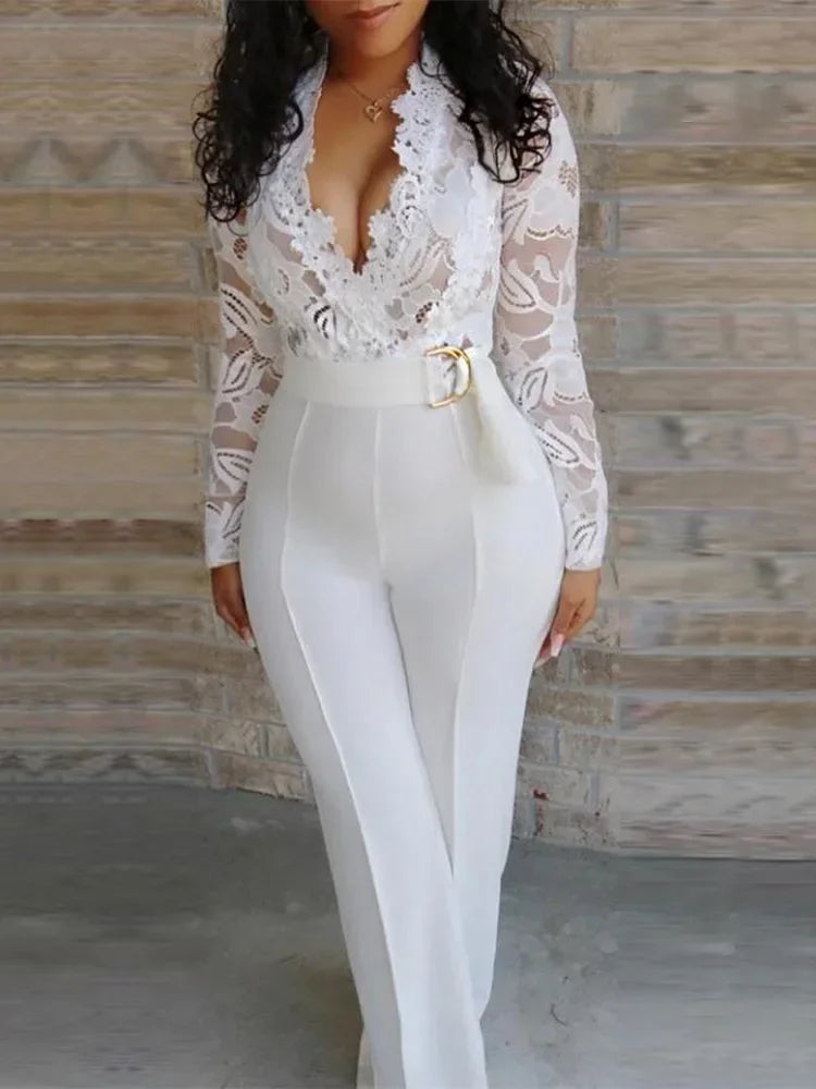 White Jumpsuit Women Overalls Elegant Lace Long One Piece High Waist Feather Y2k Sexy Wedding Party Night Evening Rompers