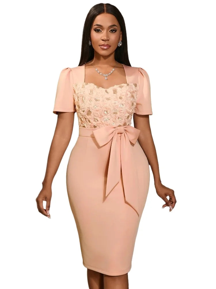 Sweetheart Neck Short Sleeve Patchwork Wedding Guest Dress with Bow 3D Rose Sequin Detail Package Hip Elegant Knee-Length Dress