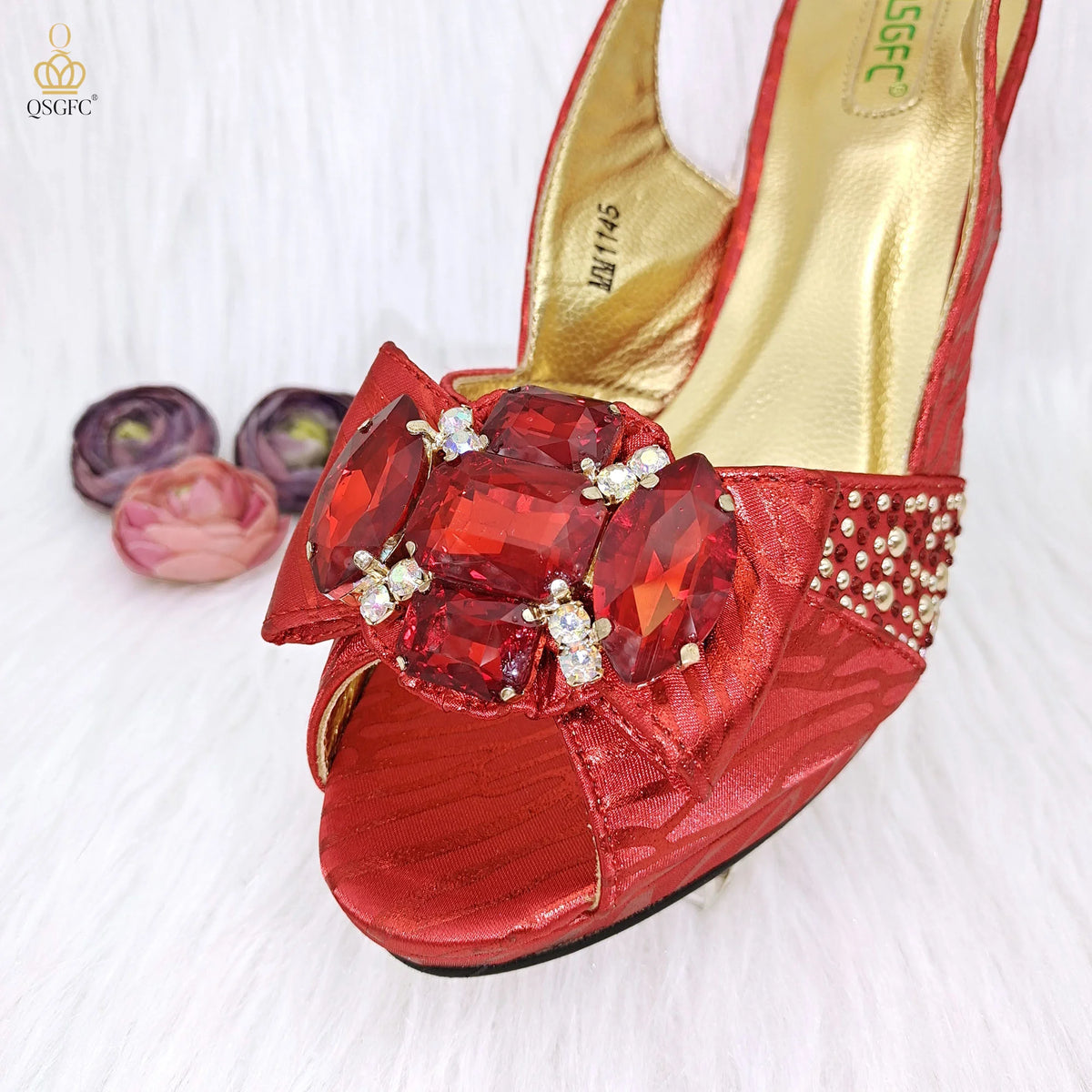 QSGFC Red Color Elegant lady Fashion Peep Toe Shoes Bride Comfortable Party Ladies Shoes and Bag Set  for women