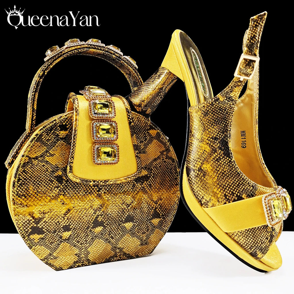 Queena Yan New Luxurious Italian Women's Party Shoes&Bag Set Elegant Golden Rhinestone  Sandals with Peep Toe High Heels Wedding