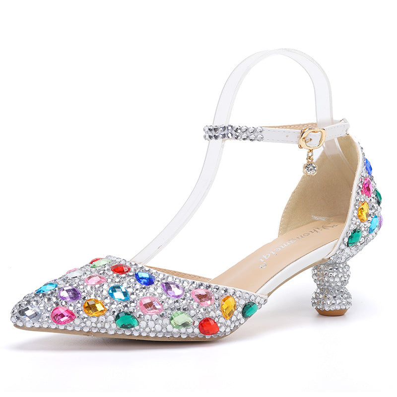 New 5cm Rhinestone shoes buckle round heel blue pointed Crystal Wedding sandals social dance Prom shoes Latin  shoes size 35-43