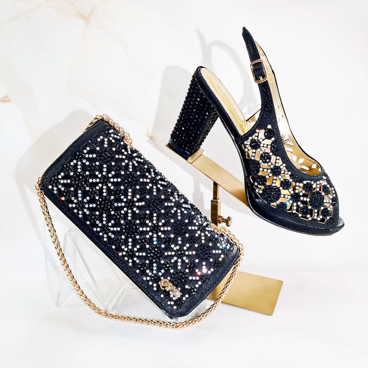 2025 New Rhinestone Design African-Inspired Shoe and Bag Set Olive Toe-Exposing Comfortable Women's High Heels Trending on INS