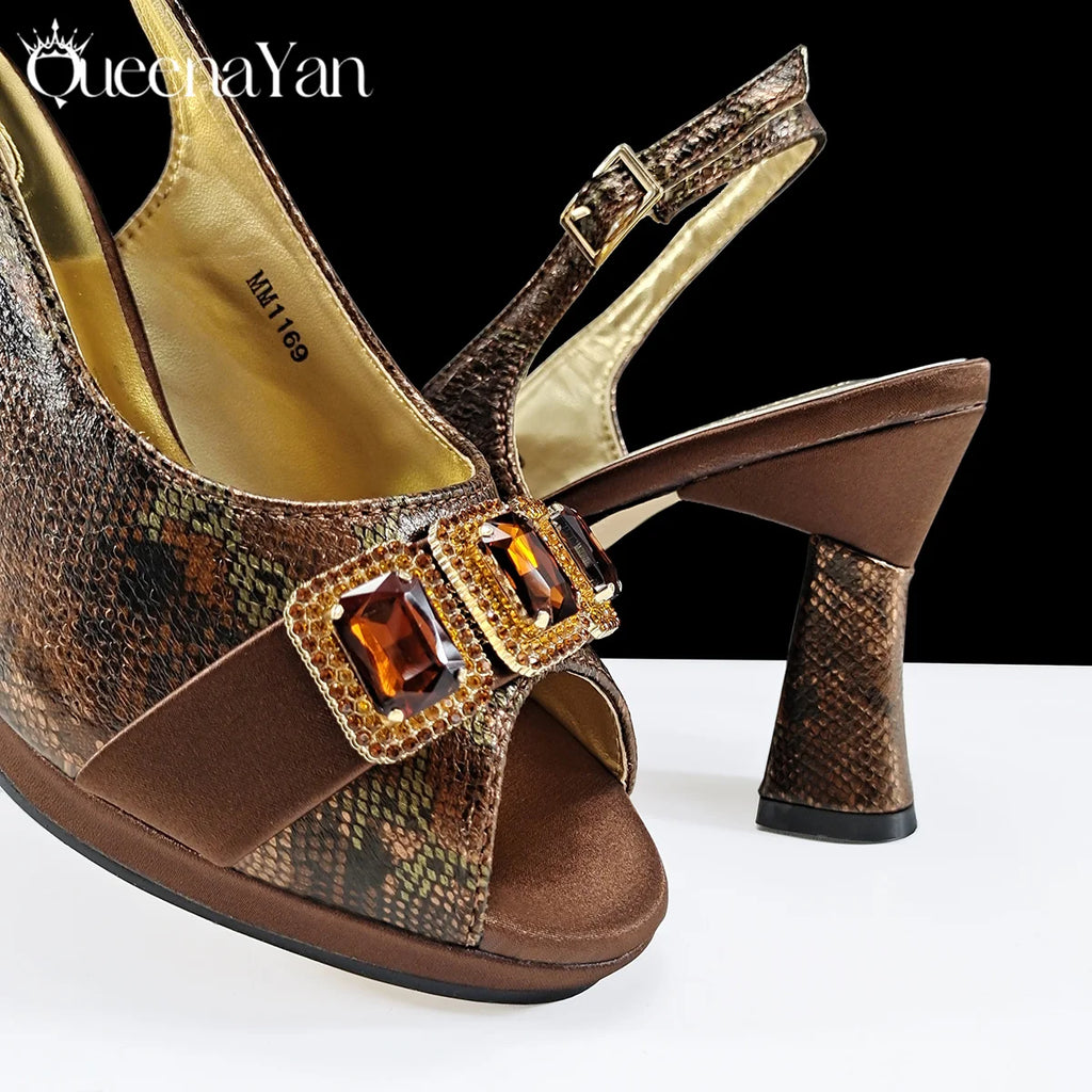 Queena Yan New Luxurious Italian Women's Party Shoes&Bag Set Elegant Golden Rhinestone  Sandals with Peep Toe High Heels Wedding