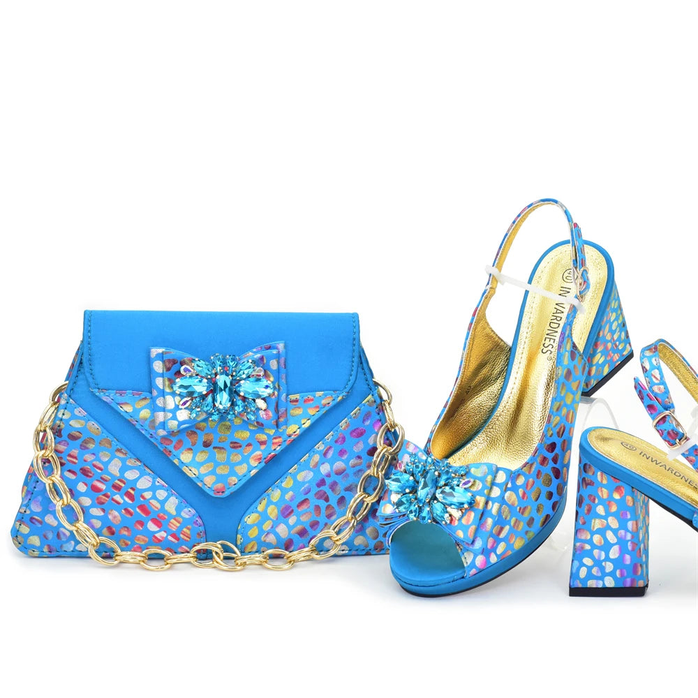 Matching Shoes and Bags Sets for Women Peep-Toe Heel Pumps for Women with Diamonds Shoe and Bag Set for Party in Woman Italian