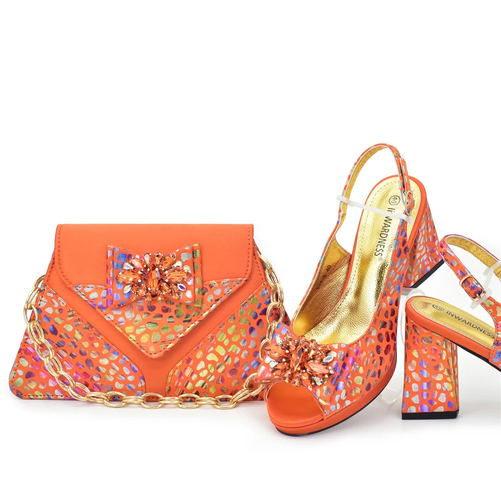 Matching Shoes and Bags Sets for Women Peep-Toe Heel Pumps for Women with Diamonds Shoe and Bag Set for Party in Woman Italian