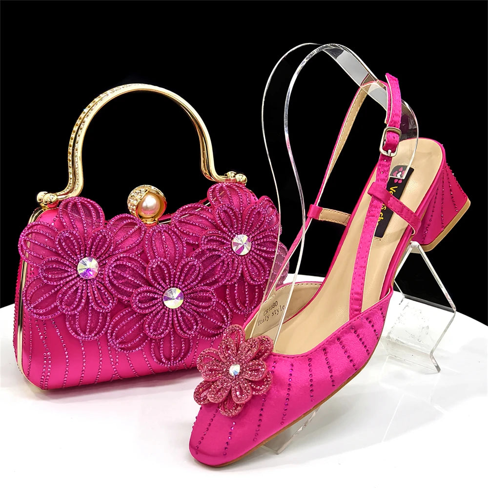 2026 New Elegant Italian Women's Black Heels with Rhinestones and Floral Accents & Matching Clutch Bag Set – Ideal for Parties