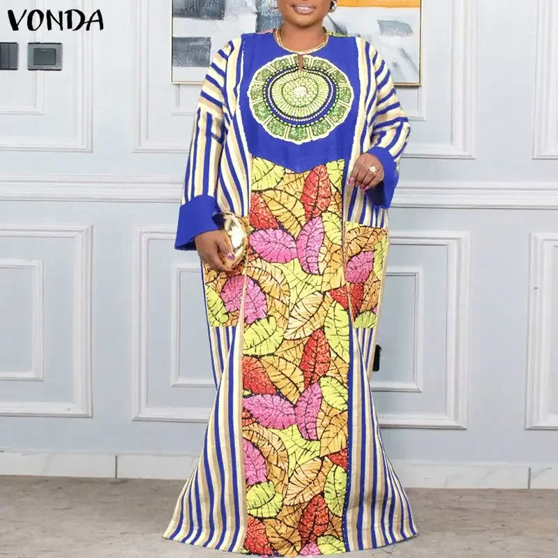VONDA Plus Size Vestido 5XL Bohemian Maxi Robe Women Long Sleeve Floral Print Long Sundress Oversized Party Fashion Casual Dress