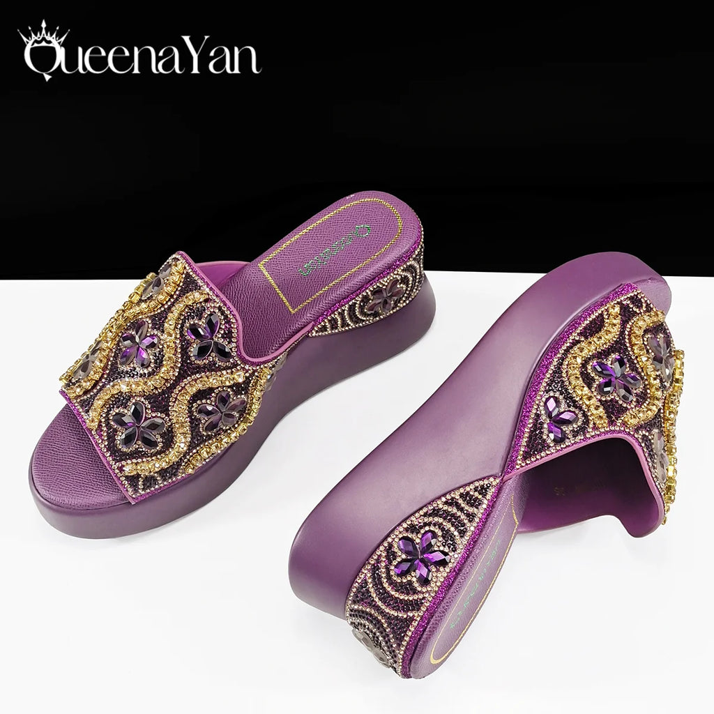 Queena Yan New Arrival Mature Style Platform Design Rhinestone Decoration Peep Toe Lady Shoes and Bag Set for Party Wedding