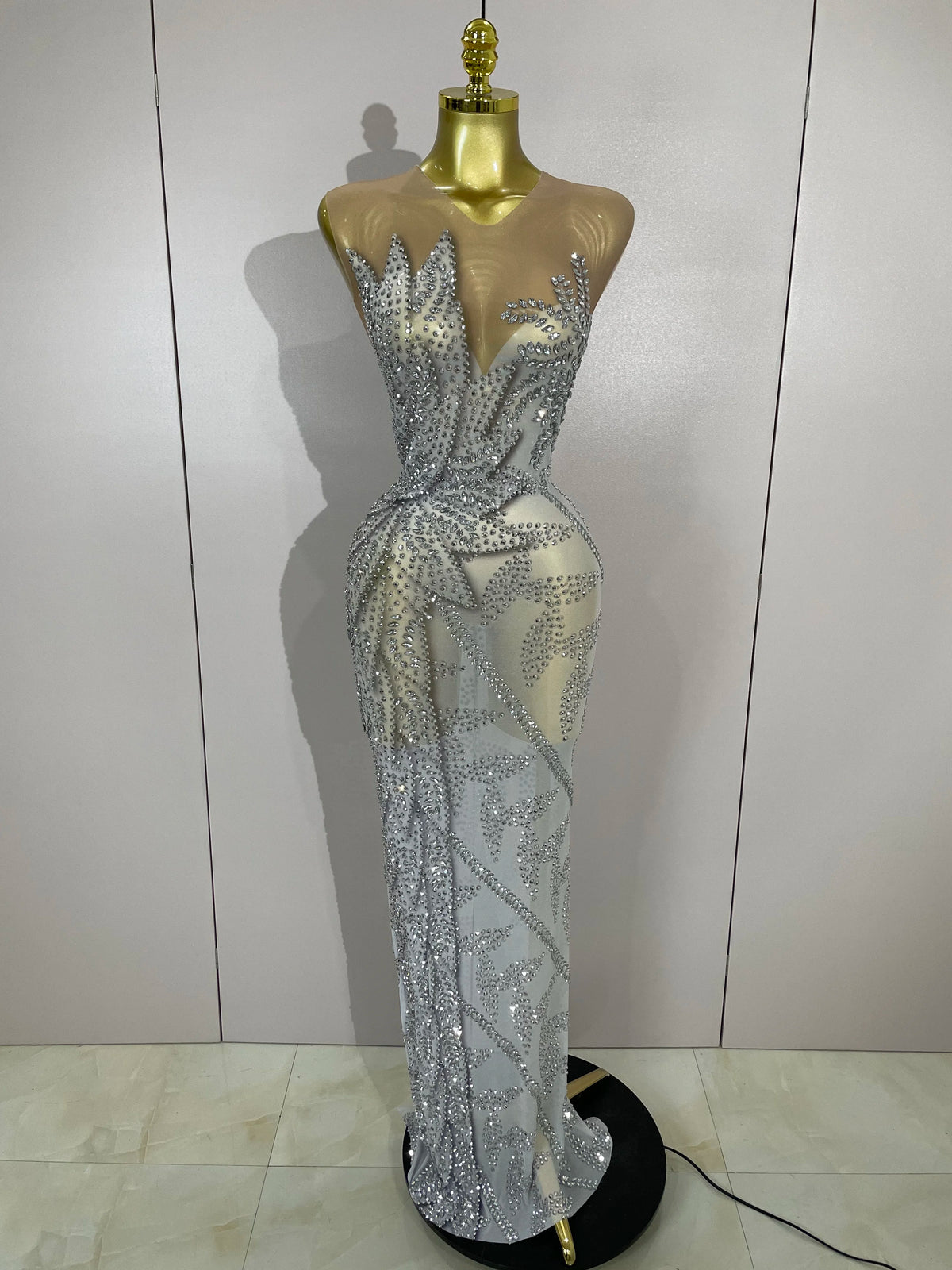 Women Luxury Rhinestone Sleeveless Silver Long Dress Sexy Mesh See Through Evening Prom Birthday Photo Shoot Singer Stage Outfit