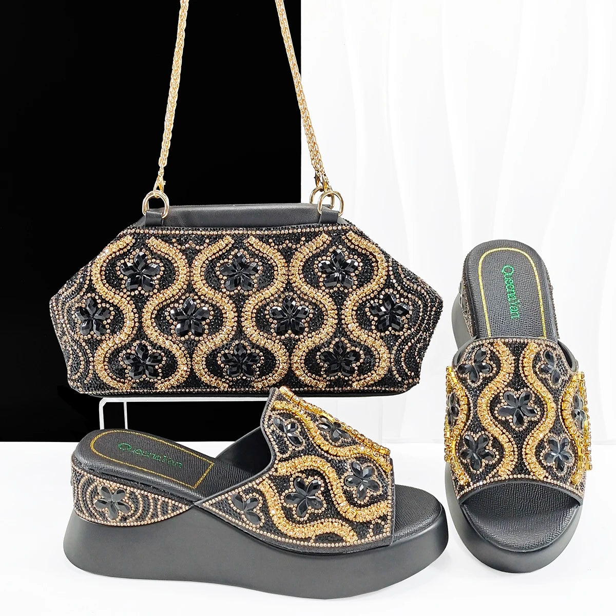 Queena Yan New Arrival Mature Style Platform Design Rhinestone Decoration Peep Toe Lady Shoes and Bag Set for Party Wedding
