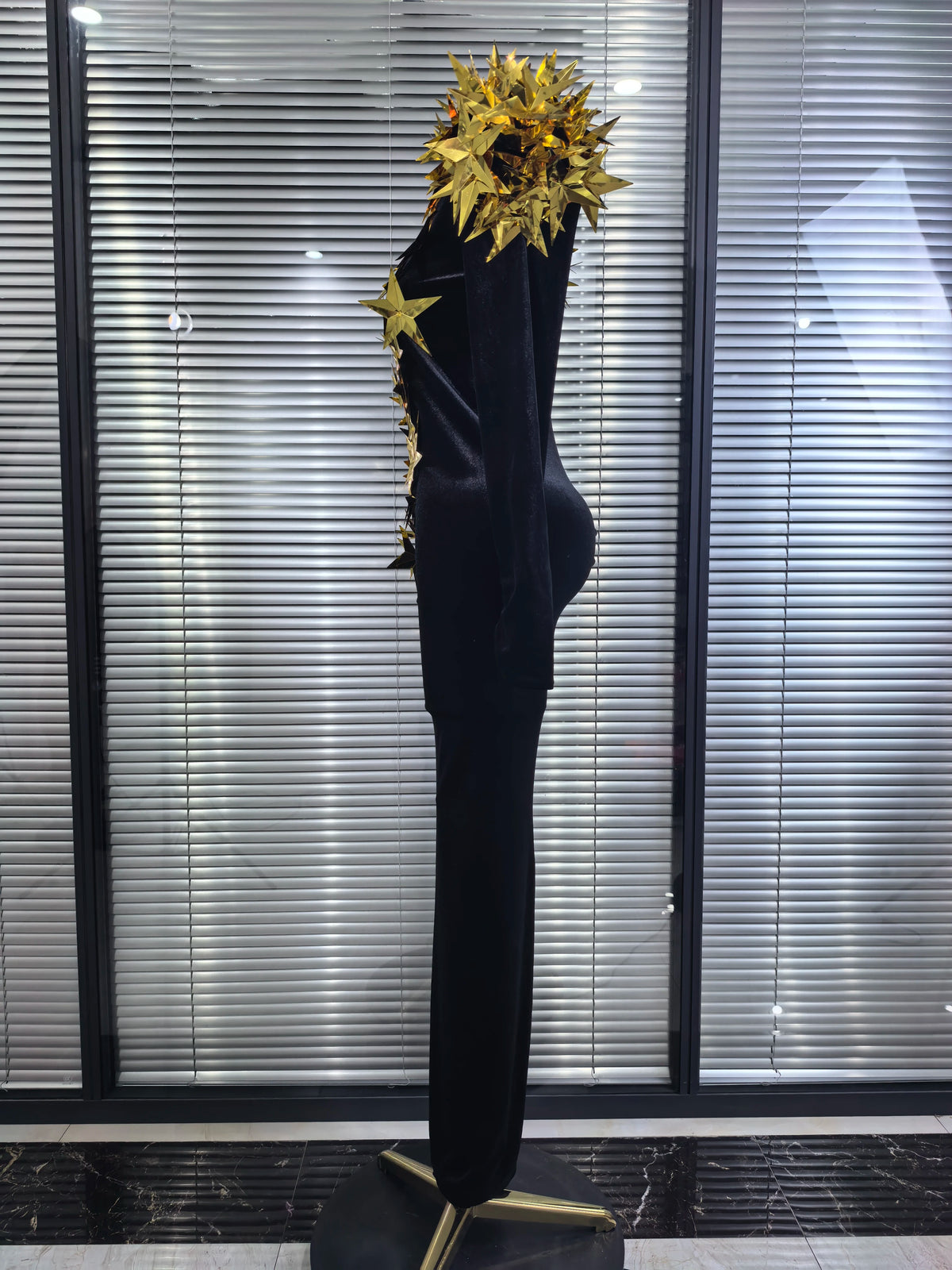 Black Color Women Long Sleeve Golden Stars Velvet Bodycon Long Dress Celebrate Fashion Evening Party Birthday Photo Shoot Wear
