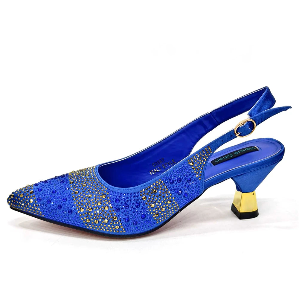 Venus Chan- Elegant High Heels Shoes and Bag Set for Women Pointed Toe Black Color Hollow Rhinestones Matching Bag INS 2024