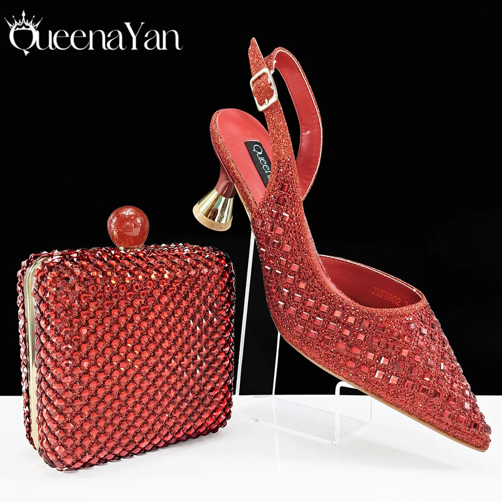 Queena Yan 2025 Italian Design Rhinestone Luxury Navy Blue Pointed Toe Shoe & Bag Set Women High Heels for Parties High Quality