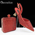 Queena Yan 2025 Italian Design Rhinestone Luxury Navy Blue Pointed Toe Shoe & Bag Set Women High Heels for Parties High Quality