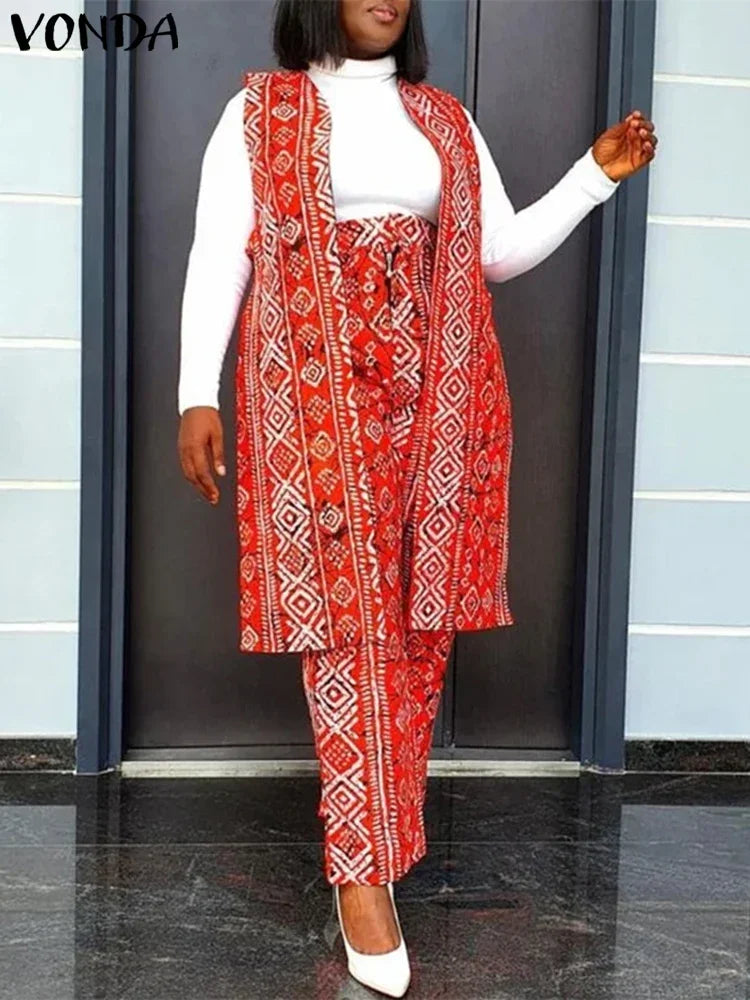 VONDA Plus Size Women Sexy Sleeveless Wide Leg Pants Sets 2024 Summer Vintage Tops Sets Bohemian Printed Suits Elegant Outfits