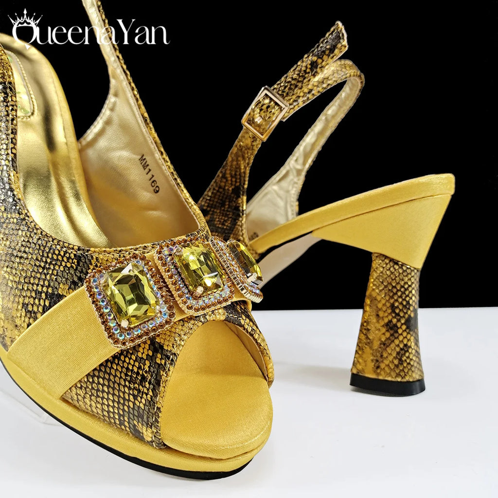Queena Yan New Luxurious Italian Women's Party Shoes&Bag Set Elegant Golden Rhinestone  Sandals with Peep Toe High Heels Wedding