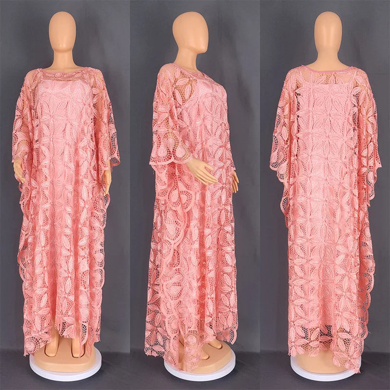 White Lace Hollow Africa Dresses for 2023 Muslim Women Dress African Clothes Dashiki Taditional Boubou Arabic Robe Femme Ramadan
