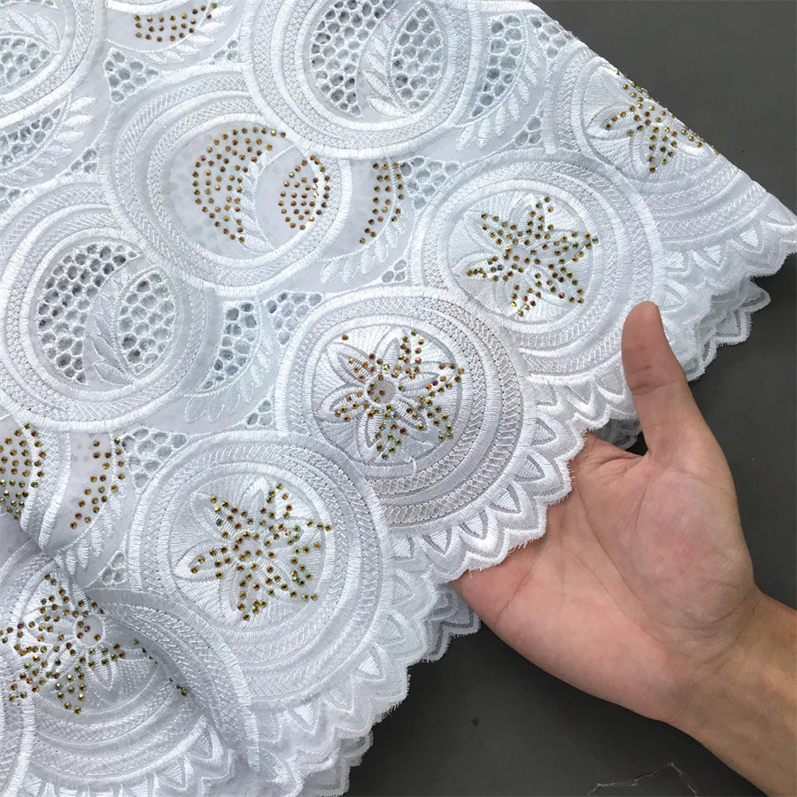 SJD LACE Swiss Voile African Stones Cotton Lace Fabrics 5 Yards 2024 High Quality Nigerian Lace for Women Party Dresses Sew 4079