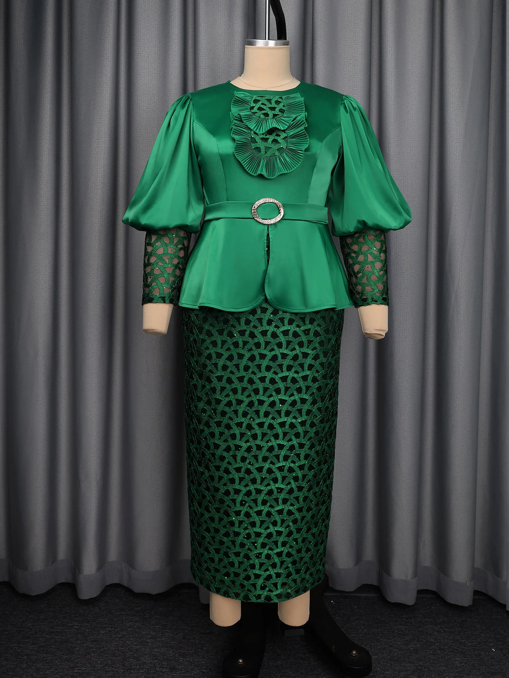 Luxury Women Curve Package Hip Dress O Neck Satin Patchwork Sequin Lace Puff Sleeves Peplum Belt Formal Events Special Occasions