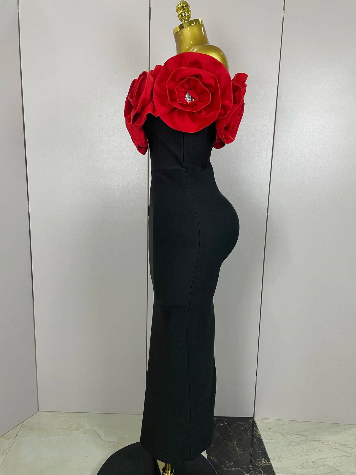 New Stereoscopic Red Flowers Sexy Off The Shoulder Ankle Lenght Bandage Dress Woman Birthday Party Vestido Wedding Party Outfit