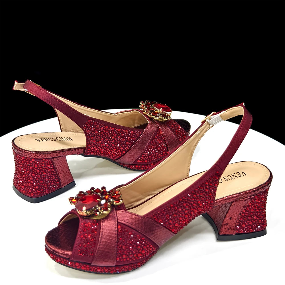 Venus Chan Elegant 2025 Gold Peep-Toe Heels with Diamond Accents - Italian Matching Pumps and Bag Set for Parties