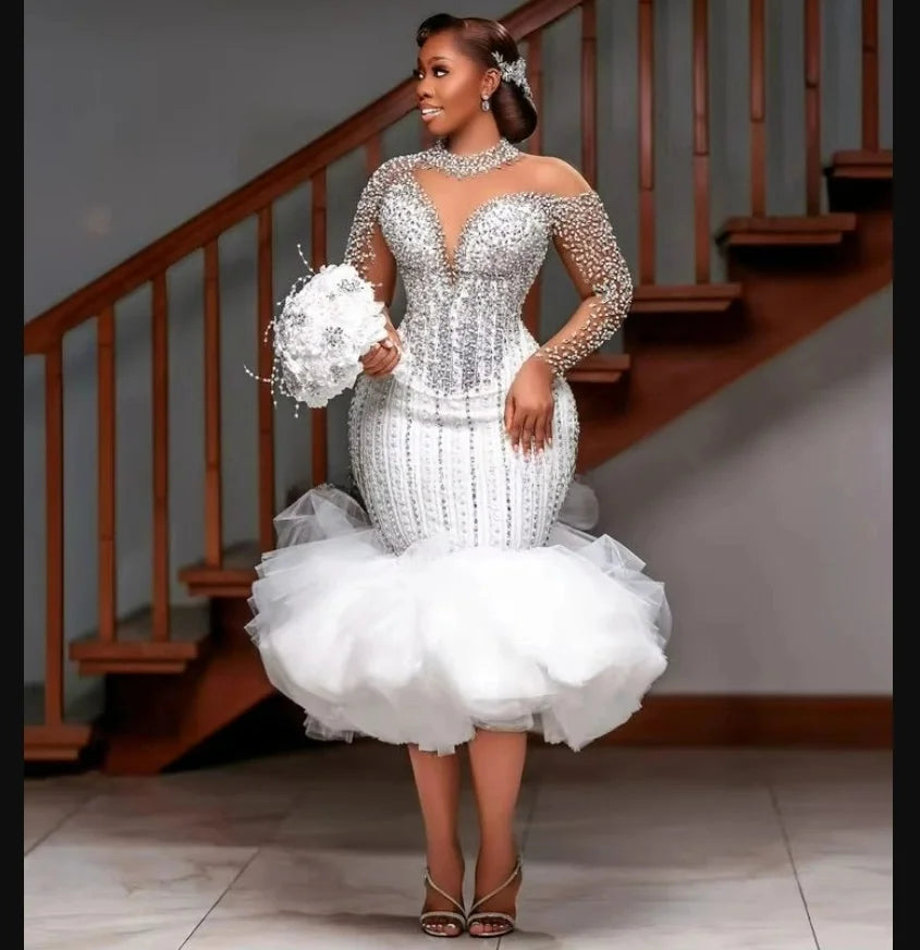 Customized High Collar  Sparkly Crystals Beads Short Wedding Dress  Vestidos De Novia Tiers Full Sleeves  Bridal Gowns