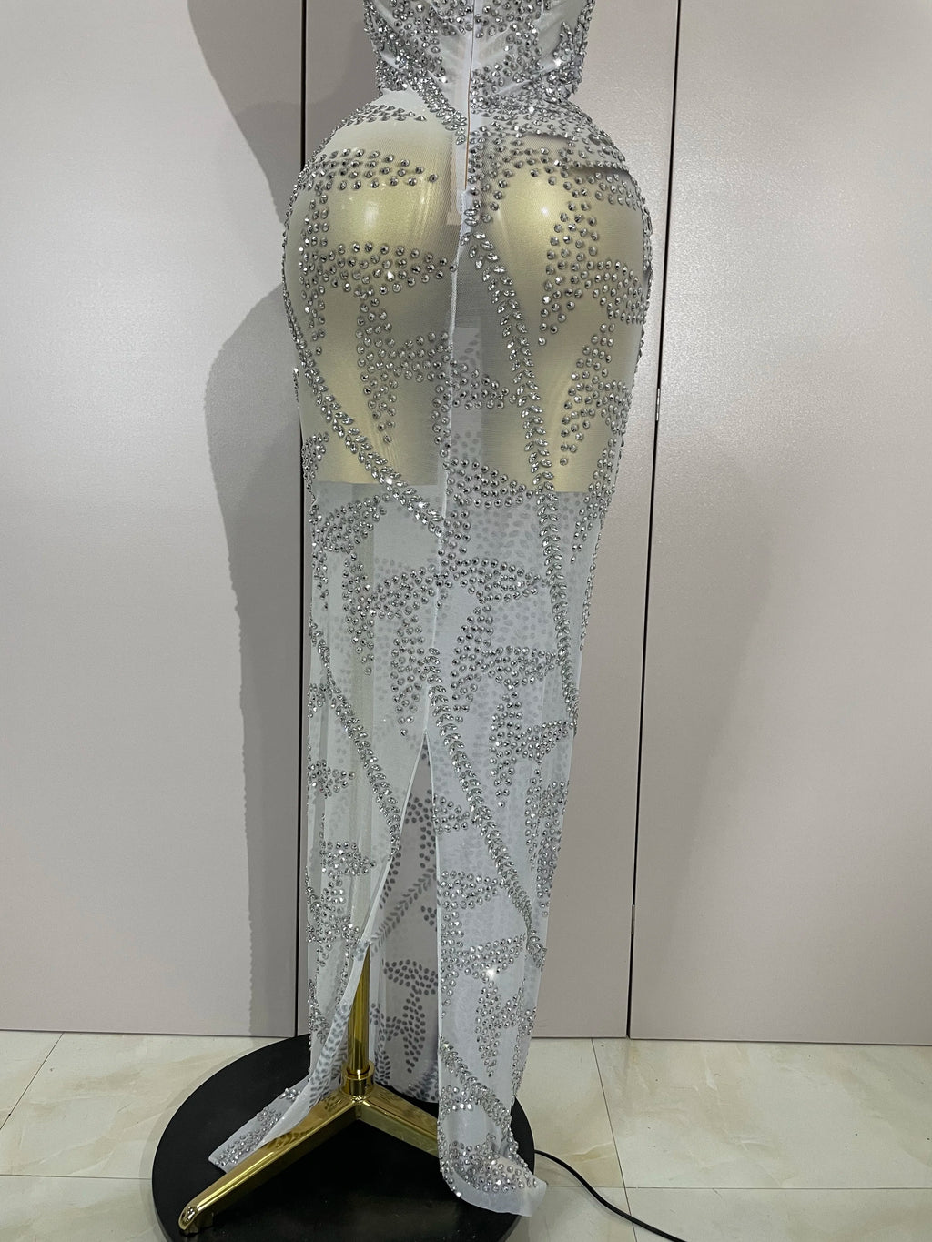 Women Luxury Rhinestone Sleeveless Silver Long Dress Sexy Mesh See Through Evening Prom Birthday Photo Shoot Singer Stage Outfit