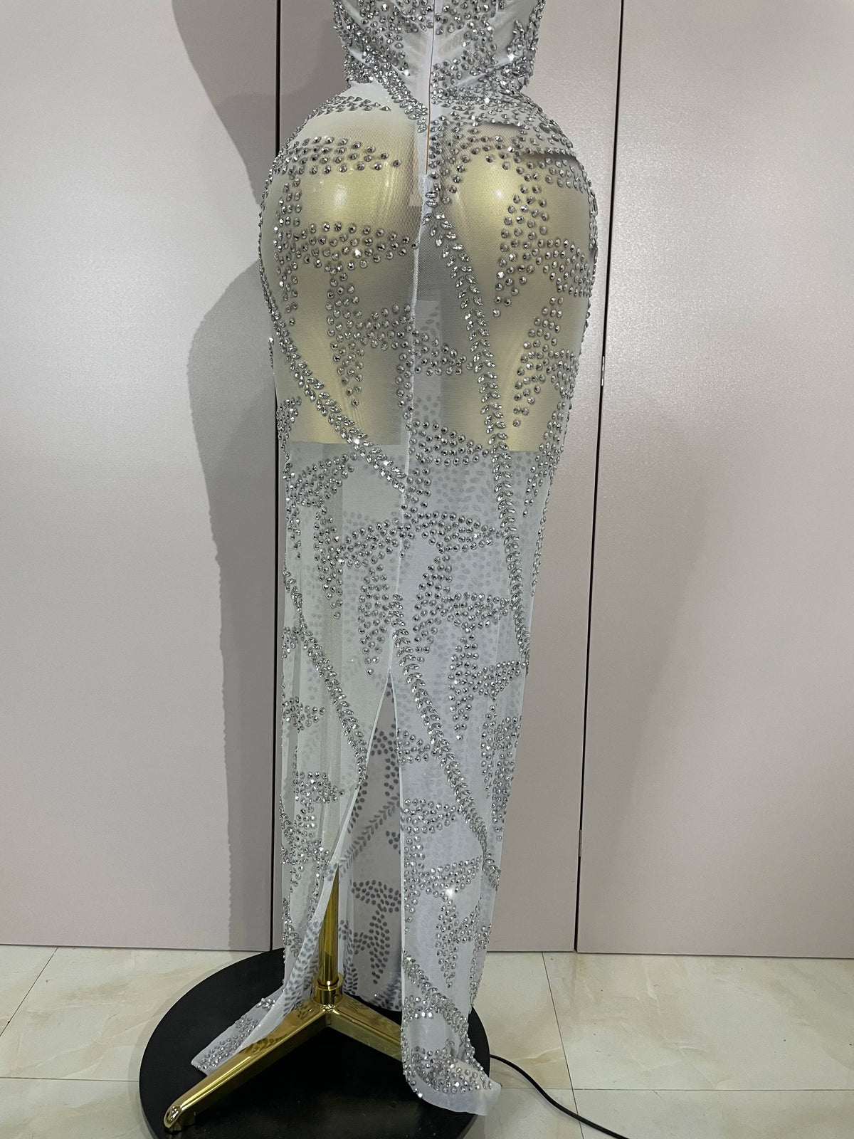 Women Luxury Rhinestone Sleeveless Silver Long Dress Sexy Mesh See Through Evening Prom Birthday Photo Shoot Singer Stage Outfit