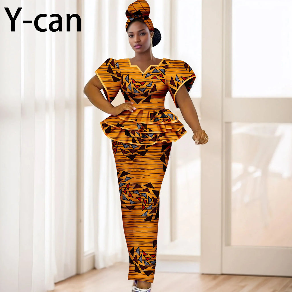 Elegant African Dresses for Women Dashiki Ankara Print Puff Sleeve Ruffles Top and Skirt 2 Pieces Sets with Headscarf 2526032