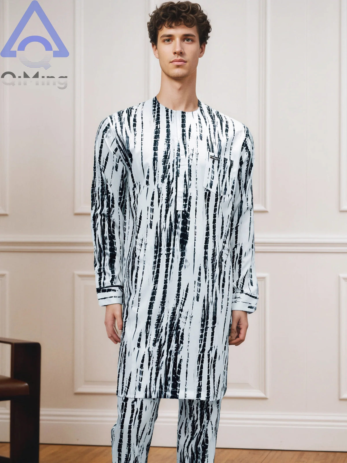 African Muslim Men's Fashion Clothing 2 Pieces White Color-Blocking Tie-Dyeing Printing Modern Prayer Moroccan Islamic Dress