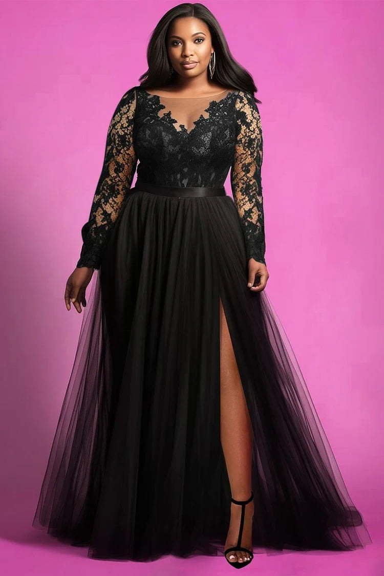 Women Plus Size Dress Lace See Through Mesh Split Hem High Waist Elegant Wedding Guest Long Sleeve V-Neck Evening Maxi Dress