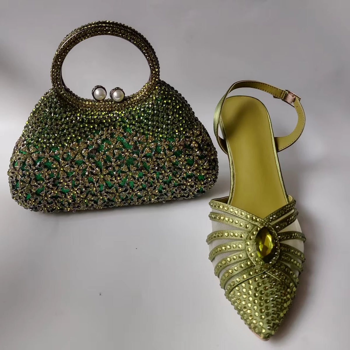 Luxury Olive Green Rhinestones Women's Shoe and Bag Set for Party Wedding Crystals Heeled Pumps and Handbag Sandals