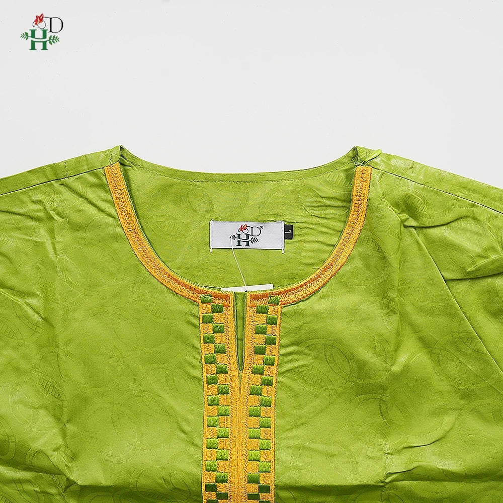 H&D African Clothing For Man Traditional Agbada Sets 2PCS Green Bazin Riche Shirt Pant Embroidered Wedding Party Suits Plus Size