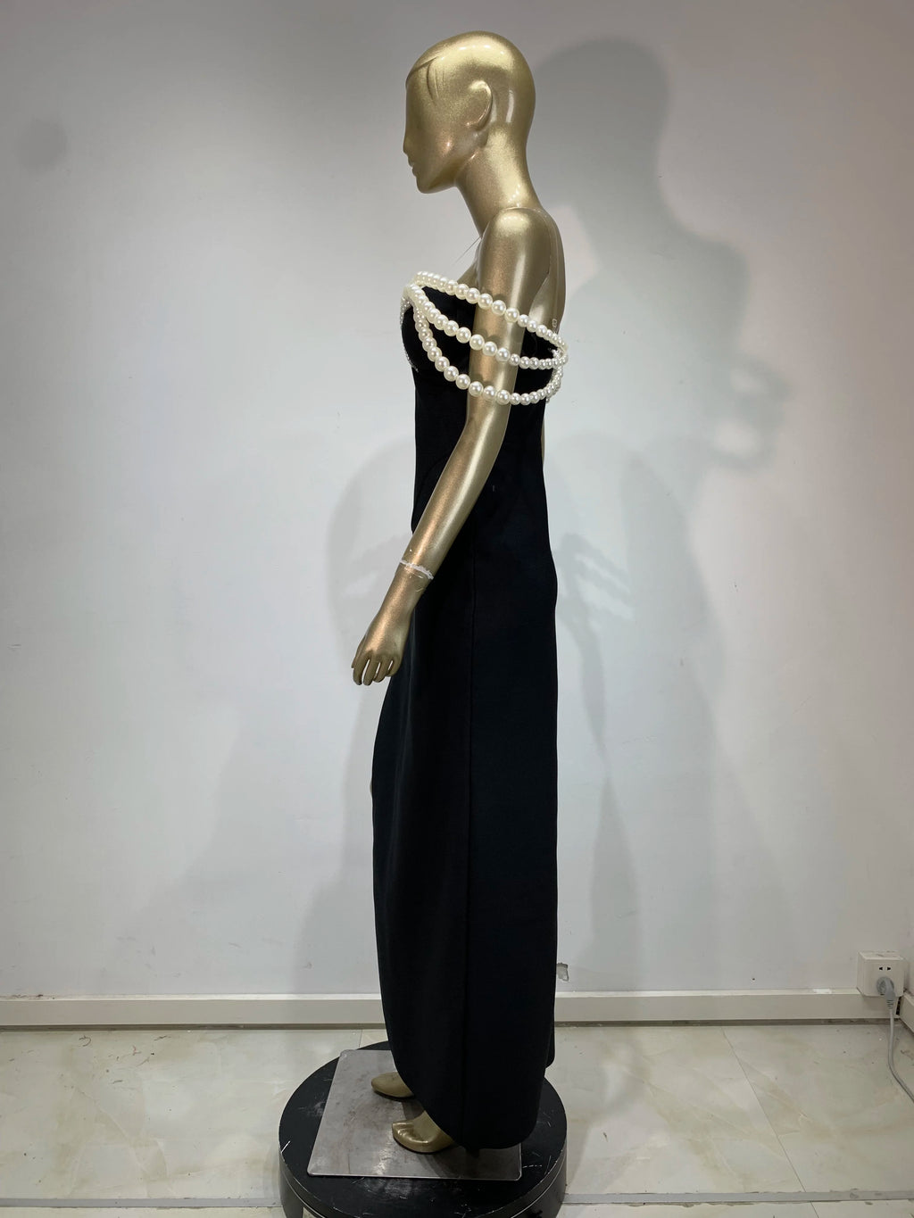 Women Celebrity Sexy Off Shoulder Pearl Black Maxi Long Bandage Bodycon Dress 2025 Elegant Evening Club Party Outfit