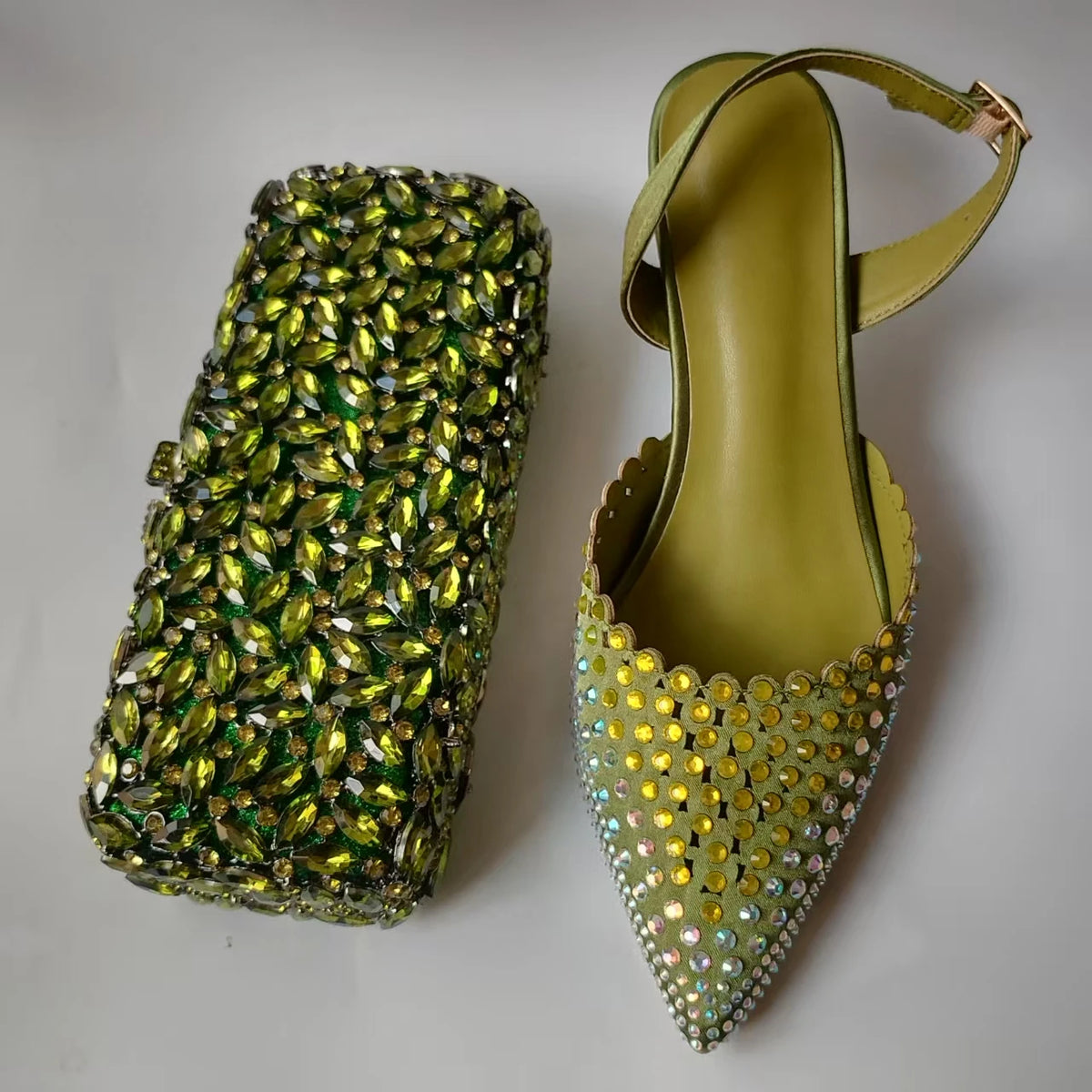 Luxury Olive Green Rhinestones Women's Shoe and Bag Set for Party Wedding Crystals Heeled Pumps and Handbag Sandals